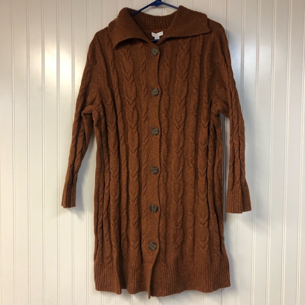 J Jill Cable Knit Duster Cardigan Button Down XL Petite Brown Thick Long Sleeve